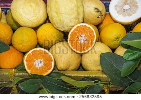 Summer Fruits In Box. Sunny Summer Day.