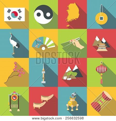 South Korea Travel Icons Set. Flat Illustration Of 16 South Korea Travel Icons For Web