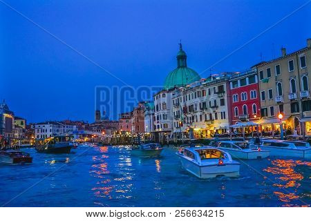 Venice, Italy - September 23, 2017 Grand Canal Saint Simeone Church Ponte Bridge Scalzi Boats Ferrie