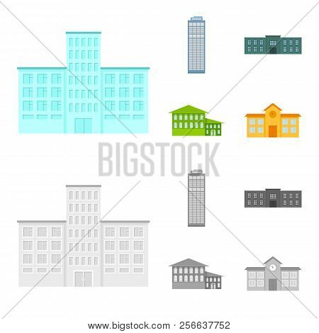 Skyscraper, Police, Hotel, School.building Set Collection Icons In Cartoon, Monochrome Style Vector 