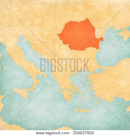 Romania On The Map Of Balkans In Soft Grunge And Vintage Style, Like Old Paper With Watercolor Paint