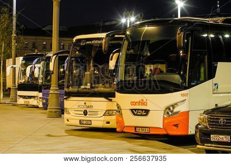 Moscow, Russia - September, 3, 2018: buses on a bus terminal in Moscow, Russia