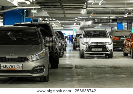 Moscow, Russia - September, 3, 2018: cars on a parking in Exhebition Crocus center in Moscow
