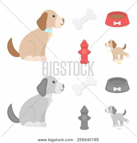 A Bone, A Fire Hydrant, A Bowl Of Food, A Pissing Dog.dog Set Collection Icons In Cartoon, Monochrom
