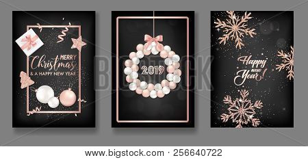 Set Of Elegant Merry Christmas And New Year 2019 Cards With Shining Rose Gold Glitter Christmas Ball