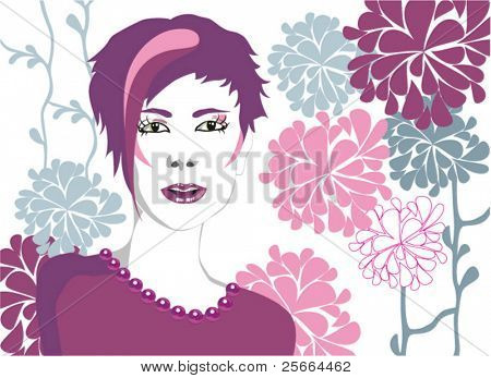 pige pourtrait på blomstermotiver baggrund