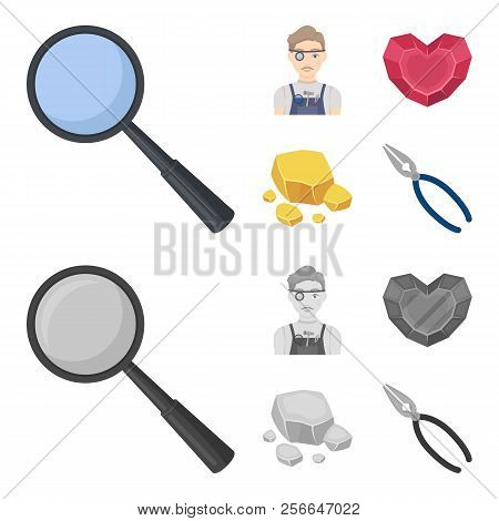 Jeweler, Pliers, Gold Ore, Garnet In The Form Of Heart. Precious Minerals And Jeweler Set Collection