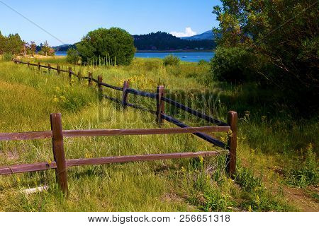Rustic Wooden Fence Surrounding Ranchlands With Lush Green Grasslands And Plants Taken In Big Bear L