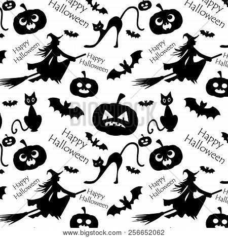 Pattern For Halloween With Witch, Pumpkins, Black Cat And Bats