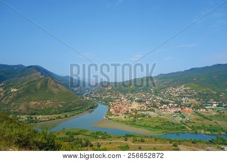 One The Most Famous Place In Georgia - Top View From Jvari Monastery To Aragvi And Mtikvari Riger