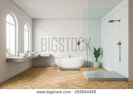Modern White Wall Bathroom Interior With Wooden Floor, Arched Windows, Shower Stall With Glass Door,