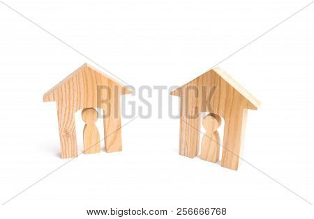 Wooden Houses And People On A White Background. Neighbors. Relations Between Neighbors In The Suburb