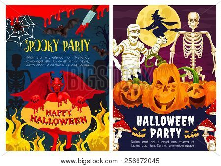 Halloween Spooky Monster For Horror Night Party Invitation Banner. Fear Skeleton, Pumpkin Lantern An