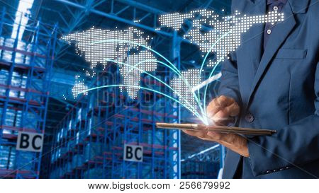 Businessman Manager Using Tablet Check And Control For Workers With Modern Trade Warehouse Logistics