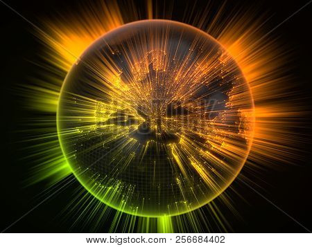 Dark Earth Globe With Glowing Details And Light Rays. 3d Illustration