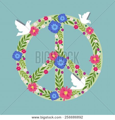 A Sign Of Pacifism Decorated With Flowers And A Dove Of Peace. The Symbol Of Freedom. Vector Illustr