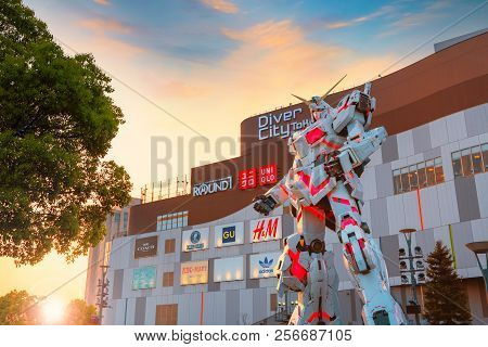 Tokyo, Japan - April 20 2018: Full-size Mobile Suit  Rx-0 Unicorn Gundam Replica From The Mobile Sui