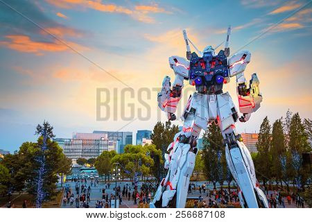 Tokyo, Japan - April 20 2018: Full-size Mobile Suit  Rx-0 Unicorn Gundam Replica From The Mobile Sui