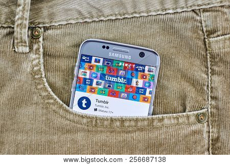 Montreal, Canada - August 10, 2018: Tumblr App On A Cellphone Screen In A Jeans Pocket. Tumblr Is A 