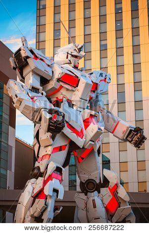 Tokyo, Japan - April 20 2018: Full-size Mobile Suit  Rx-0 Unicorn Gundam Replica From The Mobile Sui