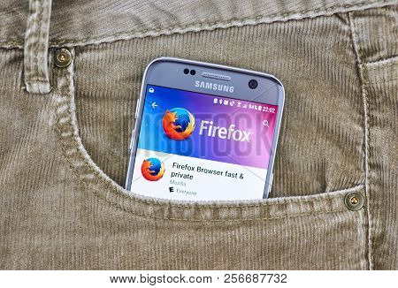 Montreal, Canada - August 10, 2018: Firefox Mobile Browser On A Cellphone Screen In A Jeans Pocket. 
