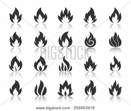 Fire Silhouette Icons Set. Monochrome Web Sign Kit Of Bonfire. Flame Pictogram Collection Includes C