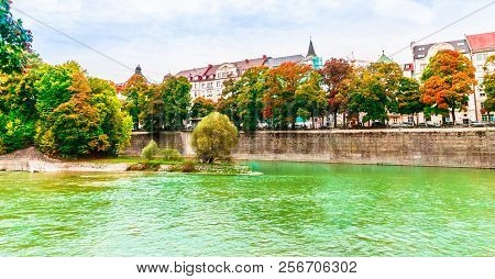 View On Colorful Autumn Landscape Of Isar River In Munich, Bavaria - Germany