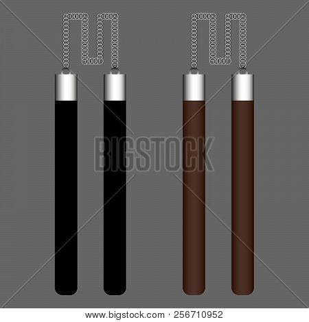Nunchacks Ninja Weapon Isolated On Gray Background. Traditional Japanese Weapon. Vector Illustration