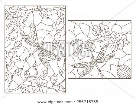 Set Of Contour Illustrations In Stained Glass Style With Flowers And Dragonflies, Dark Outlines On W