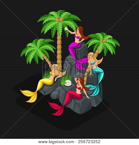 Isometrics Game Concept Cartoon With Fairy-tale Characters, Mermaids, Girls, Serenas, Hunters On Sai