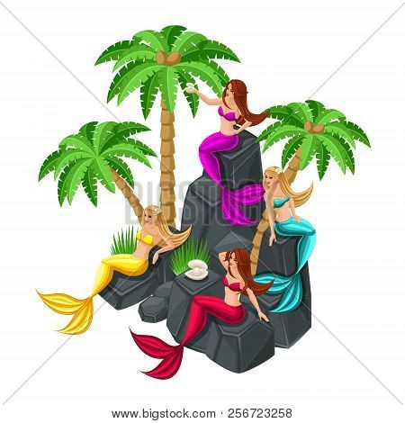 Isometrics Game Concept Cartoon With Fairy-tale Characters, Mermaids, Girls, Serenas, Hunters On Sai