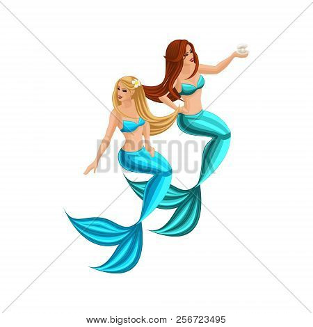Isometry Game Concept Cartoon, Two Beautiful Mermaids With Long Hair, Serena, Girl, Sea, Tail. Isome
