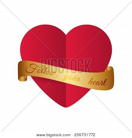 Motivational Design. Paper Cut Style Red Heart With Golden Ribbo