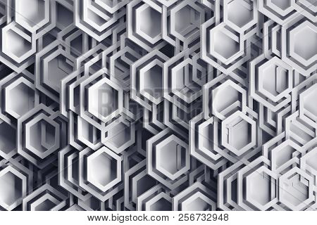Background In Gray Colors With Abstract Randomly Arraged Hexagonal Shapes And Frames. 3d Illustratio