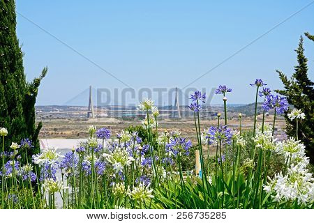 Large Lilac And White Flowers With The Guadiana International Bridge Which Links Portugal To Spain A