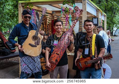 Moscow, Park On Krasnaya Presnya, August 05, 2018: Three Musicians From Indonesia With Folk Instrume