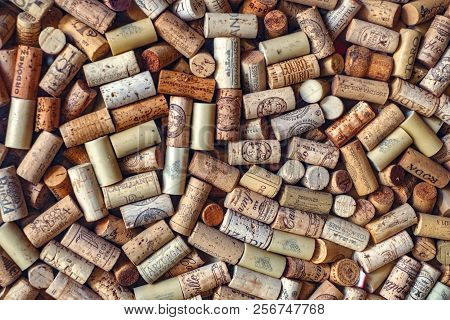 Malaga, Spain - August 26, 2018. Used Corks Plugs From Spanish Wine And Champagne