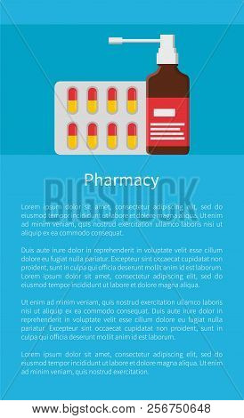Pharmacy Poster Blister With Yellow And Red Capsules, Nasal Aerosol Spray. Medical Treatment Remedy 