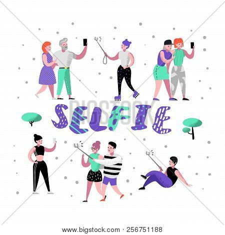 Young People Making Selfie With Smartphone. Flat Characters In Various Poses Taking Photo With Cellp
