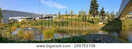 Moscow - September 4, 2018: Zaryadye Park with the modern amphitheater in Moscow, Russia. Zaryadye is one of the main tourist attractions of Moscow