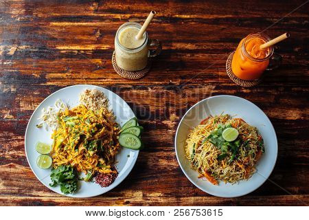 Healthy Vegetarian Vegan Menu Pad Thai, Stir-fried Rice Noodles And Singapore Noodles And Banana And