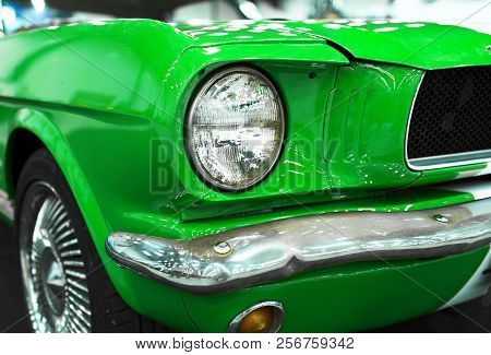 Sankt-petersburg, Russia, July 21, 2017: Front View Of Green Classic Retro Ford Mustang Gt.car Exter