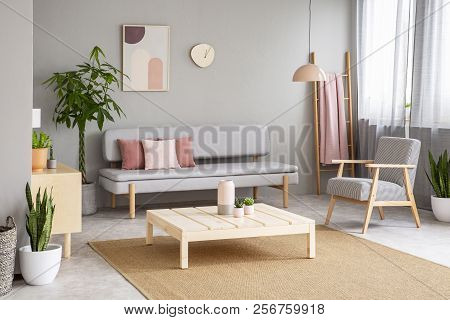 Poster And Plant In Living Room Interior With Armchair Next To Grey Sofa And Wooden Table. Real Phot
