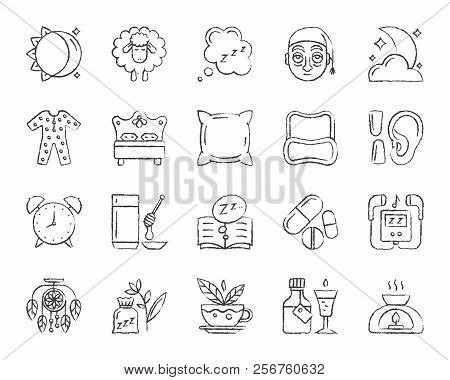 Insomnia Charcoal Icon Set. Grunge Outline Sign Kit Of Sleep. Dream Linear Icons Sleepwear, Bed Rest