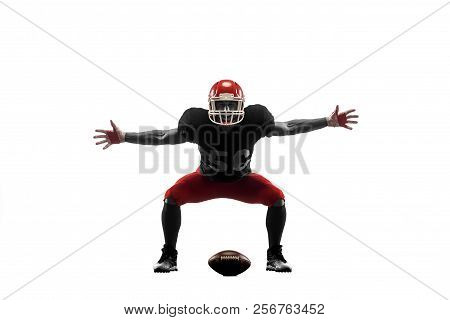 Active One American Football Player Isolated On White Background. Fit Caucasian Man In Uniform Posin
