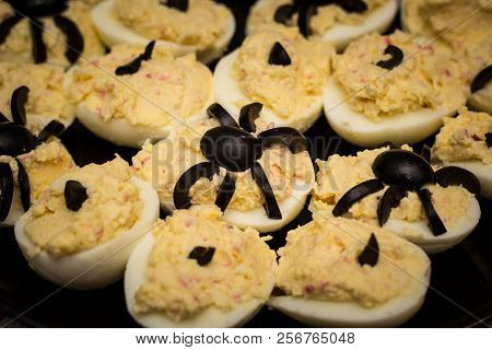 Deviled Eggs With A Spider For Halloween Party