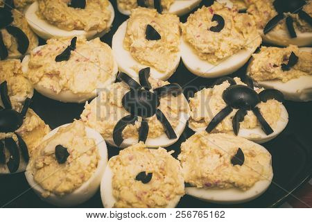 Deviled Eggs With A Spider For Halloween Party