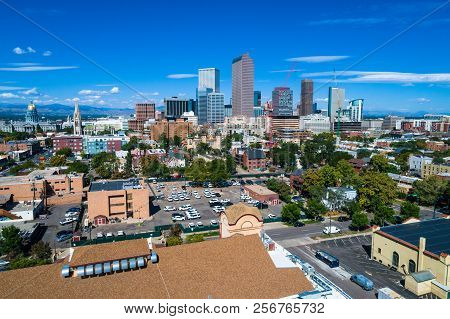 Aerial Drone View Denver , Colorado , Usa Skyline Cityscape Blue Sky Sunny Day In The Mile High City