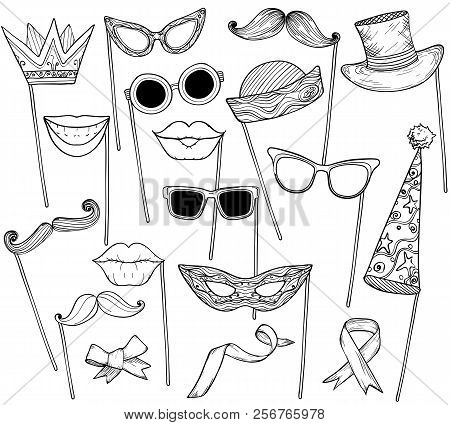 Sketch Of Booth Props Mustache, Glasses, Holiday Hat And Lips
