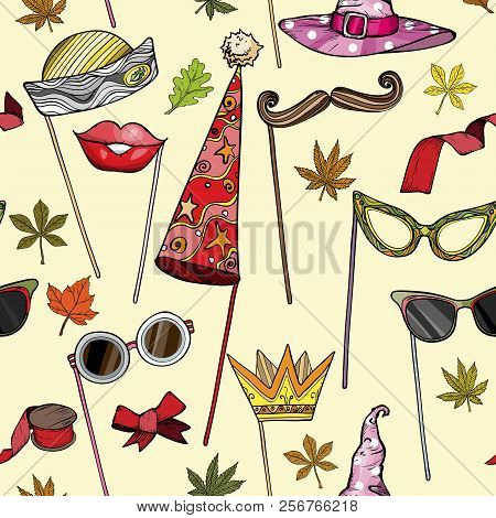 Seamless Pattern With Party Accessories Set Concept.